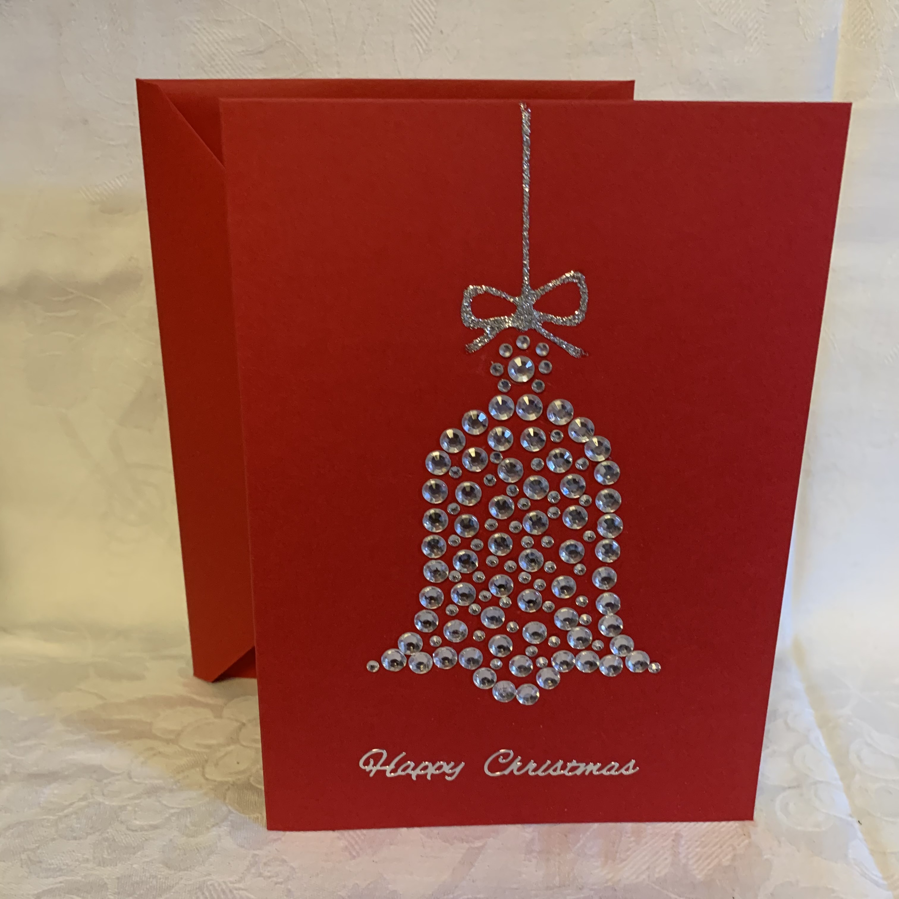 Cards Christmas 7×5 Red Silver Jewelled Bell A £1.25
